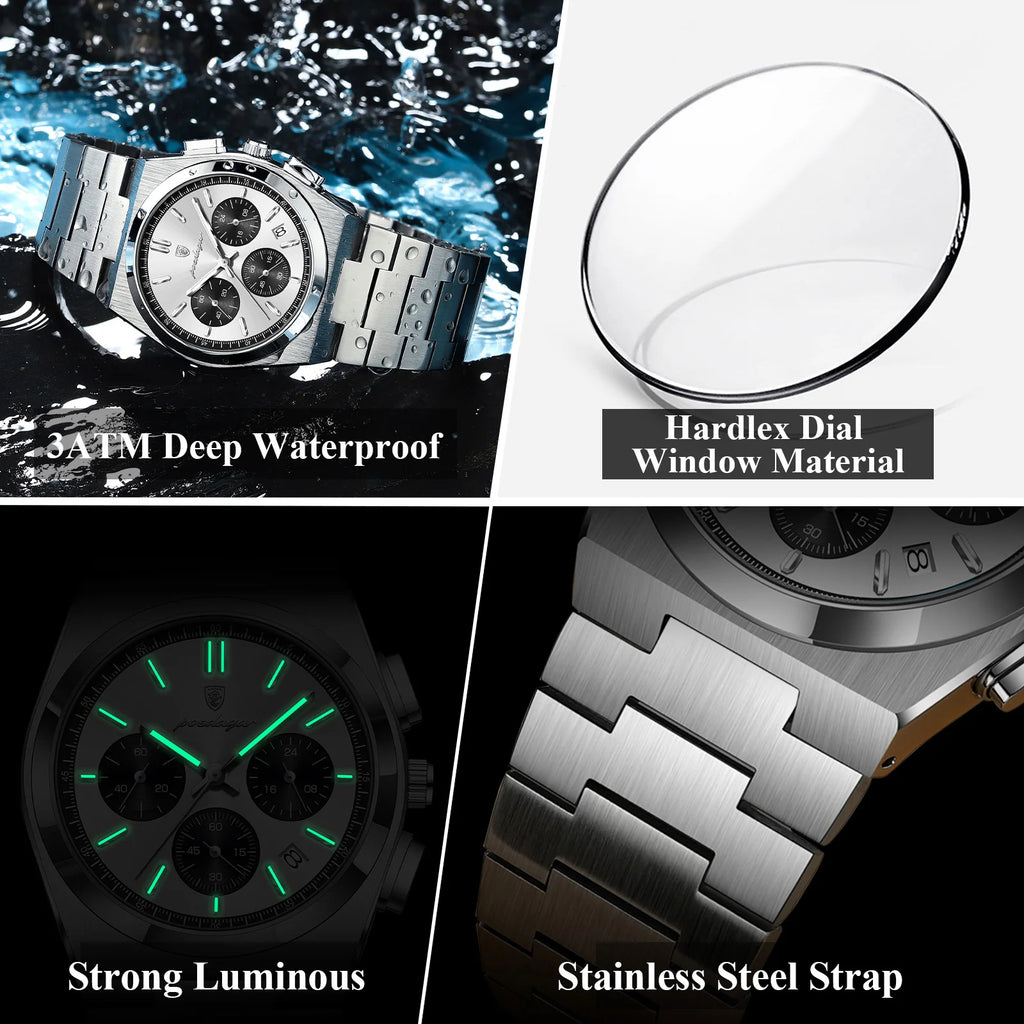 Poedagar 970 Luxury Men Quartz Watch Waterproof Luminous Wristwatch Chronograph Stainless Steel Reloj Montre Homme Watch for Men