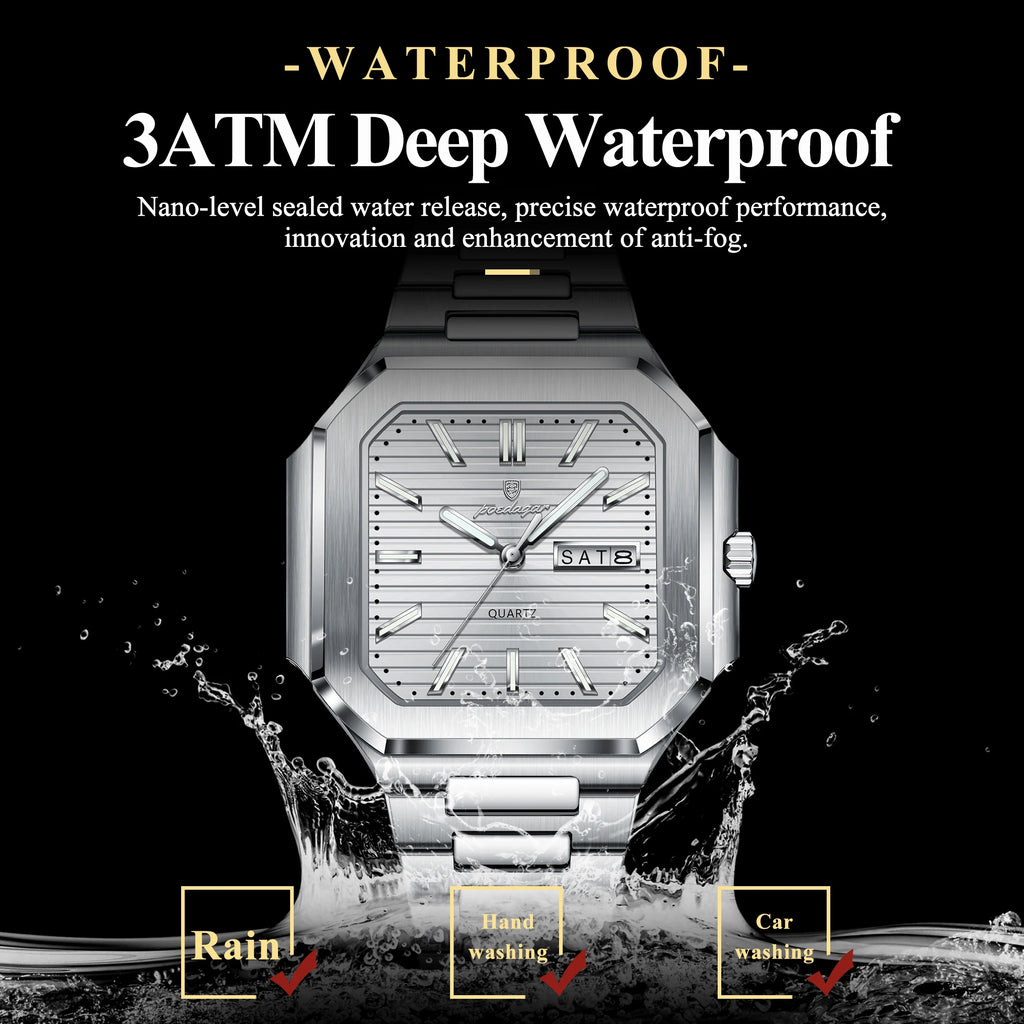 Poedagar 672 Men's Watch Luxury Business Stainless Steel Quartz Wristwatch Square Case Waterproof Luminous DateWatch for Men