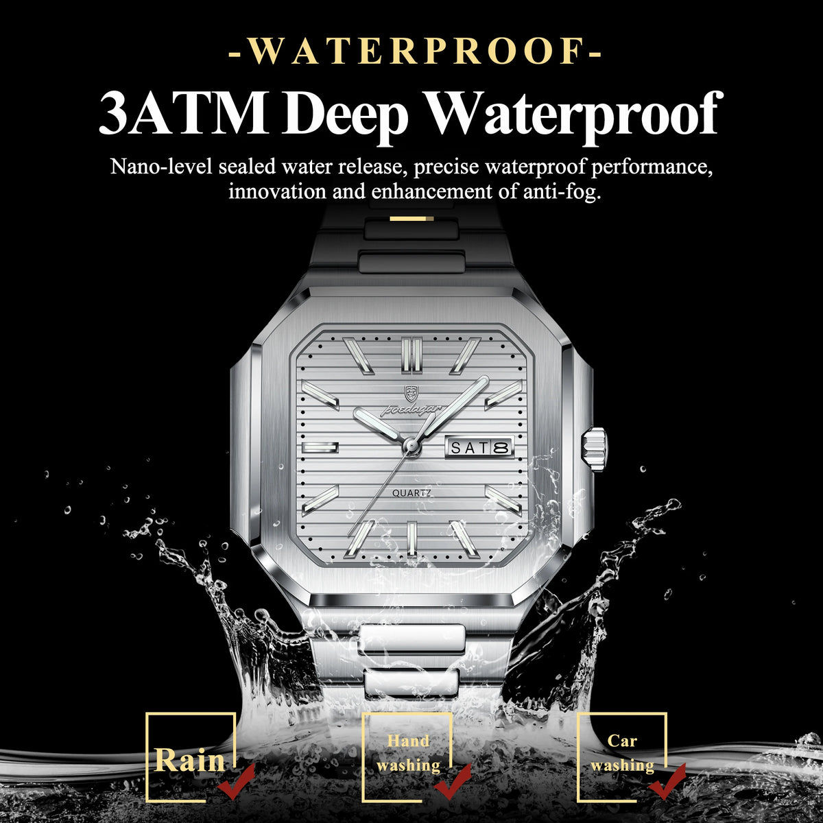 Poedagar 672 Men's Watch Luxury Business Stainless Steel Quartz Wristwatch Square Case Waterproof Luminous DateWatch for Men