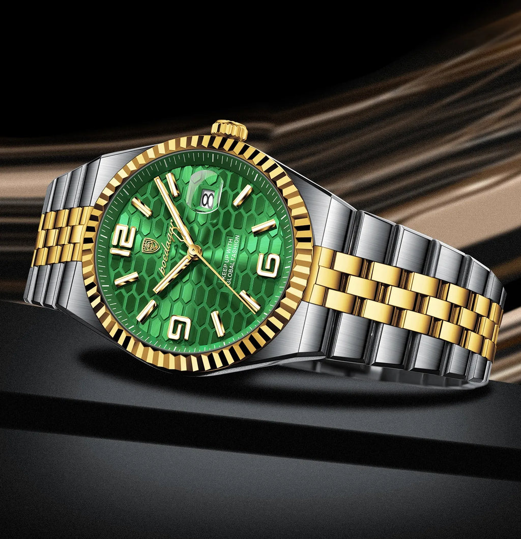 Poedagar 839 Men's Luxury Business Watch Fluted Bezel 2-Tone Green Honeycomb Dial Quartz Luminous Date 3ATM Waterproof Wholesale