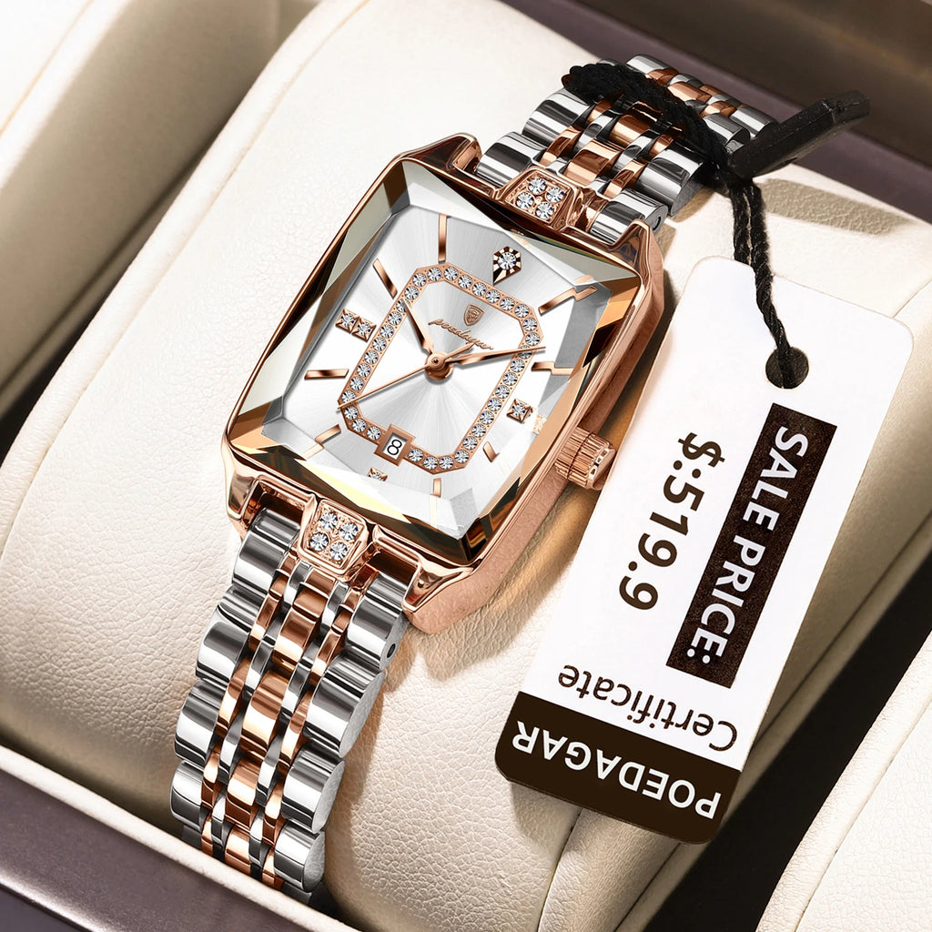 Poedagar Luxury Diamond Rectangle Ladies Watches Waterproof Luminous Stainless Steel Bracelet Quartz Watch for Women