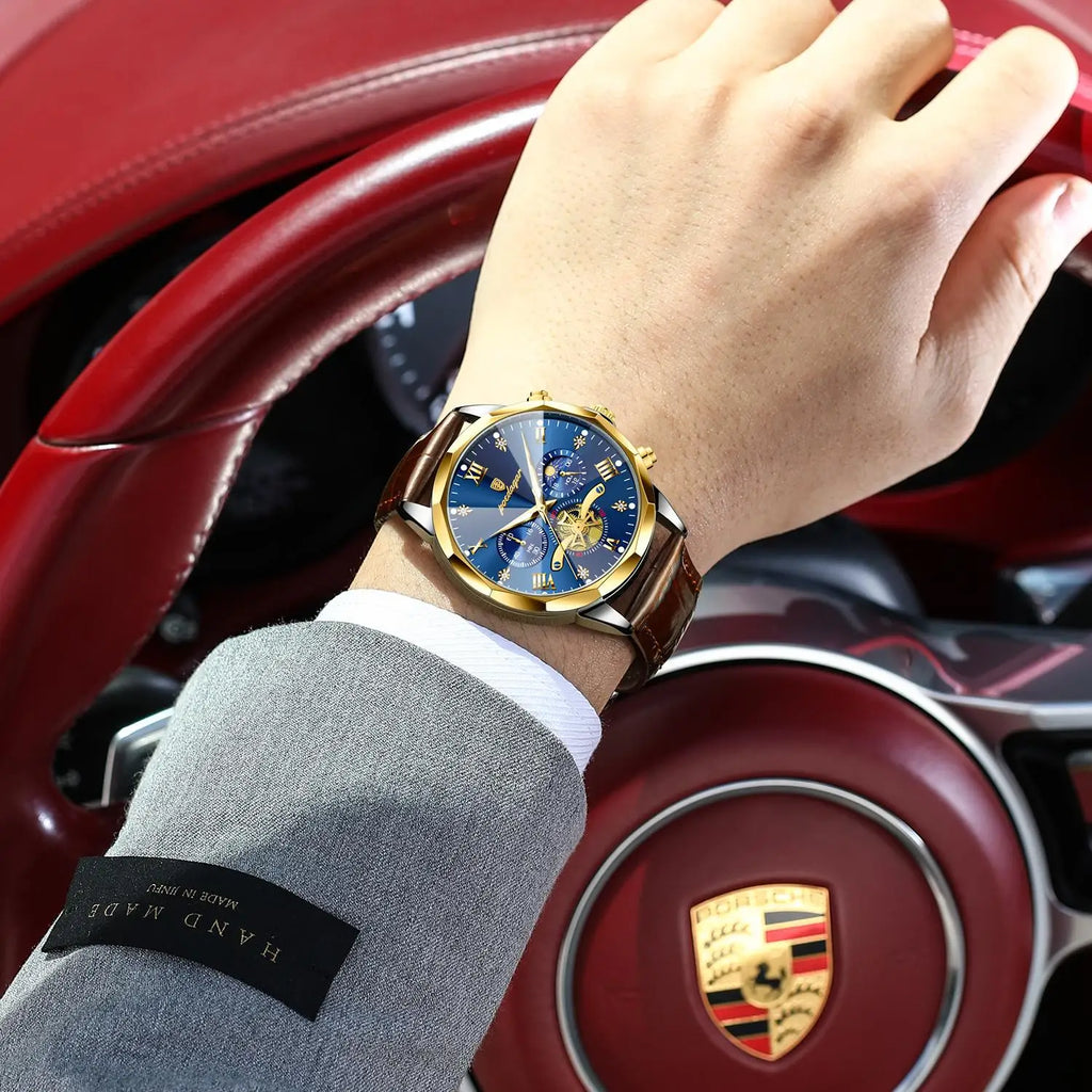 Poedagar Men's Luxury Leather Chronograph Quartz Watch Waterproof Luminous Watch for Men
