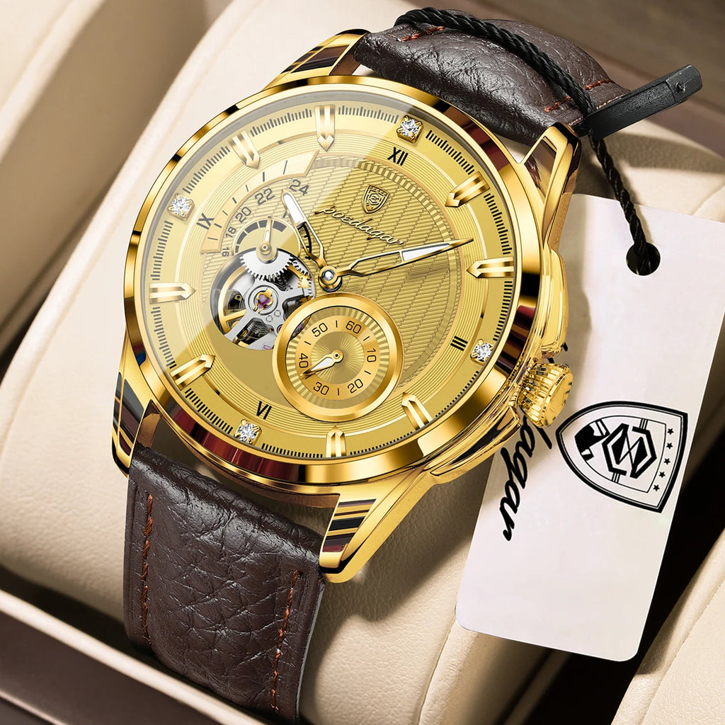 Poedagar 1427 Luxury Men Mechanical Watch All Gold Leather Band Luminous Montre 3ATM Waterproof Automatic Wristwatch for Men