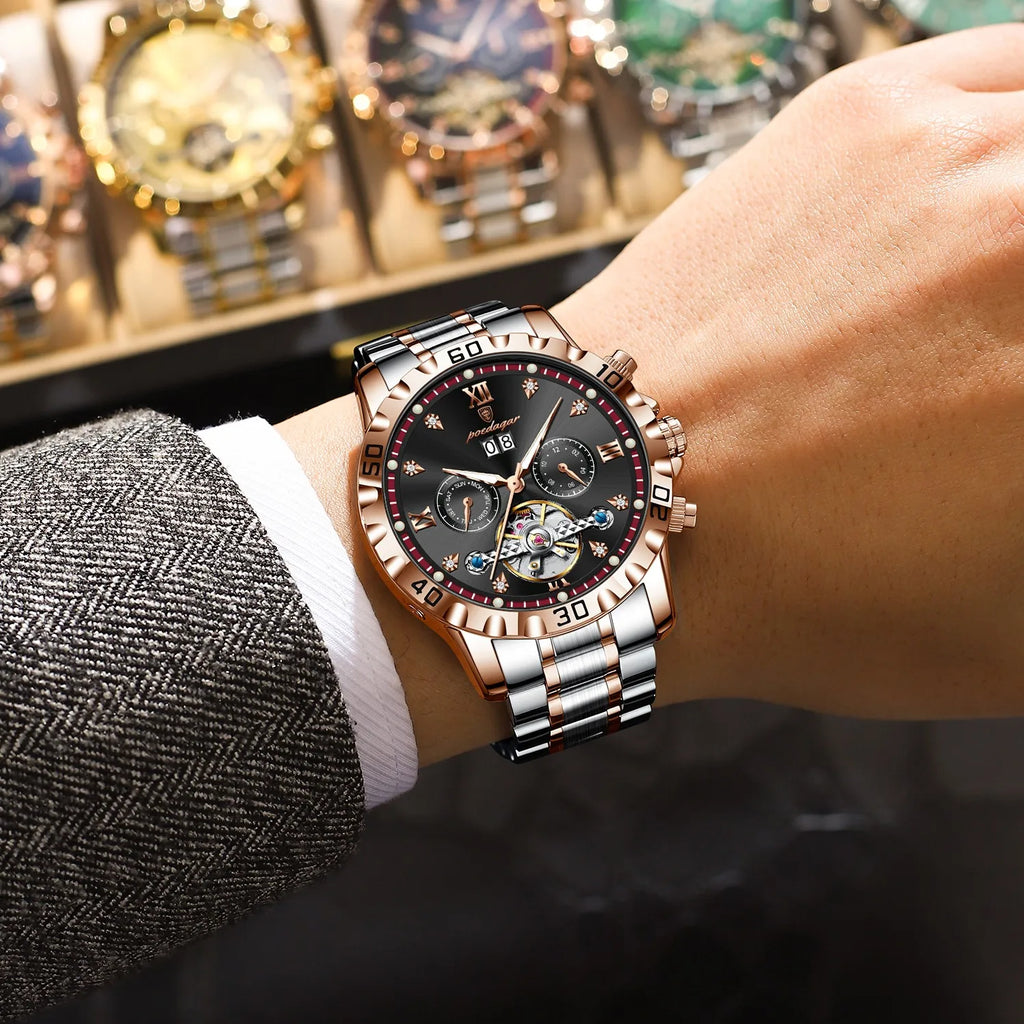 Poedagar 1418 Men's Mechanical Watch Luxury Business Luminous Waterproof Date Wristwatch Hollow Stainless Steel Automatic Watch