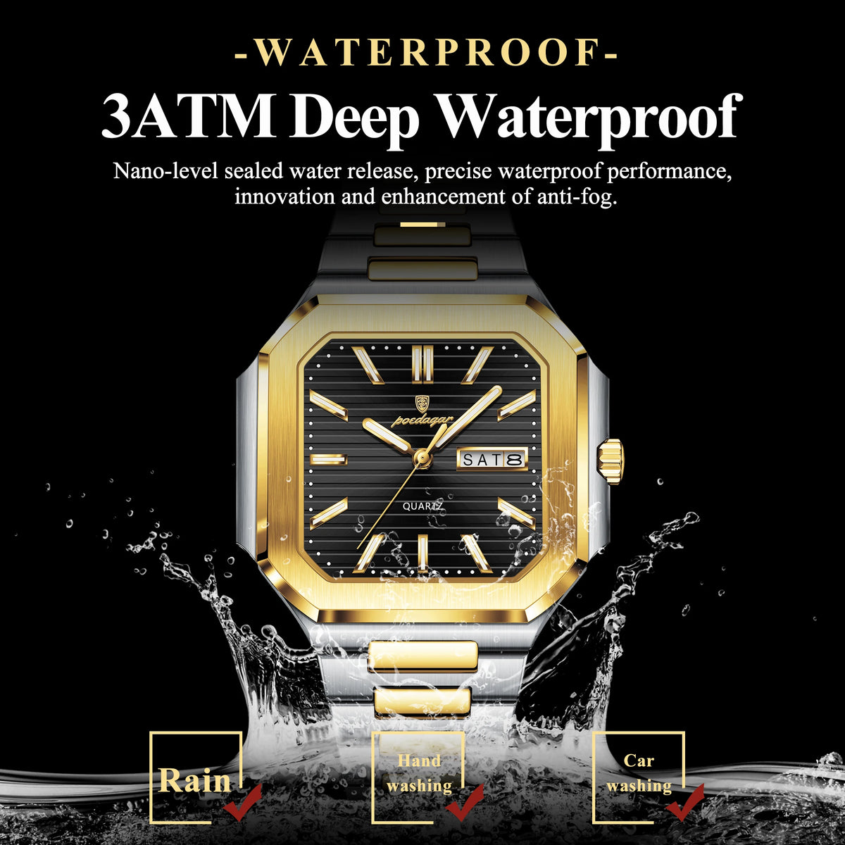 Men's Watch Luxury Poedagar 672 Square Case Stainless Steel Bracelet Quartz Watches Reloj Date Luminous Waterproof Watch for Men