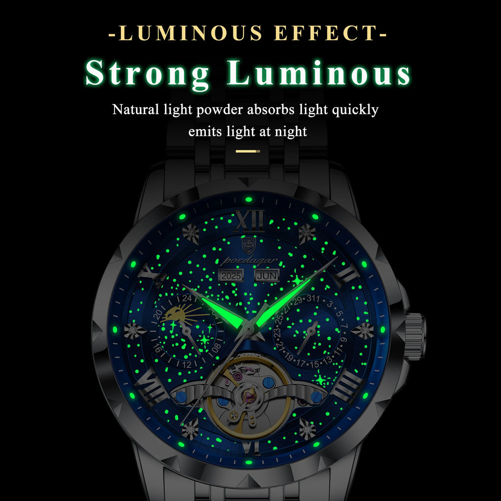 Poedagar 1420 Men's Waterproof Luminous Stainless Steel Strap Alloy Case Automatic Movement Mechanical Watch