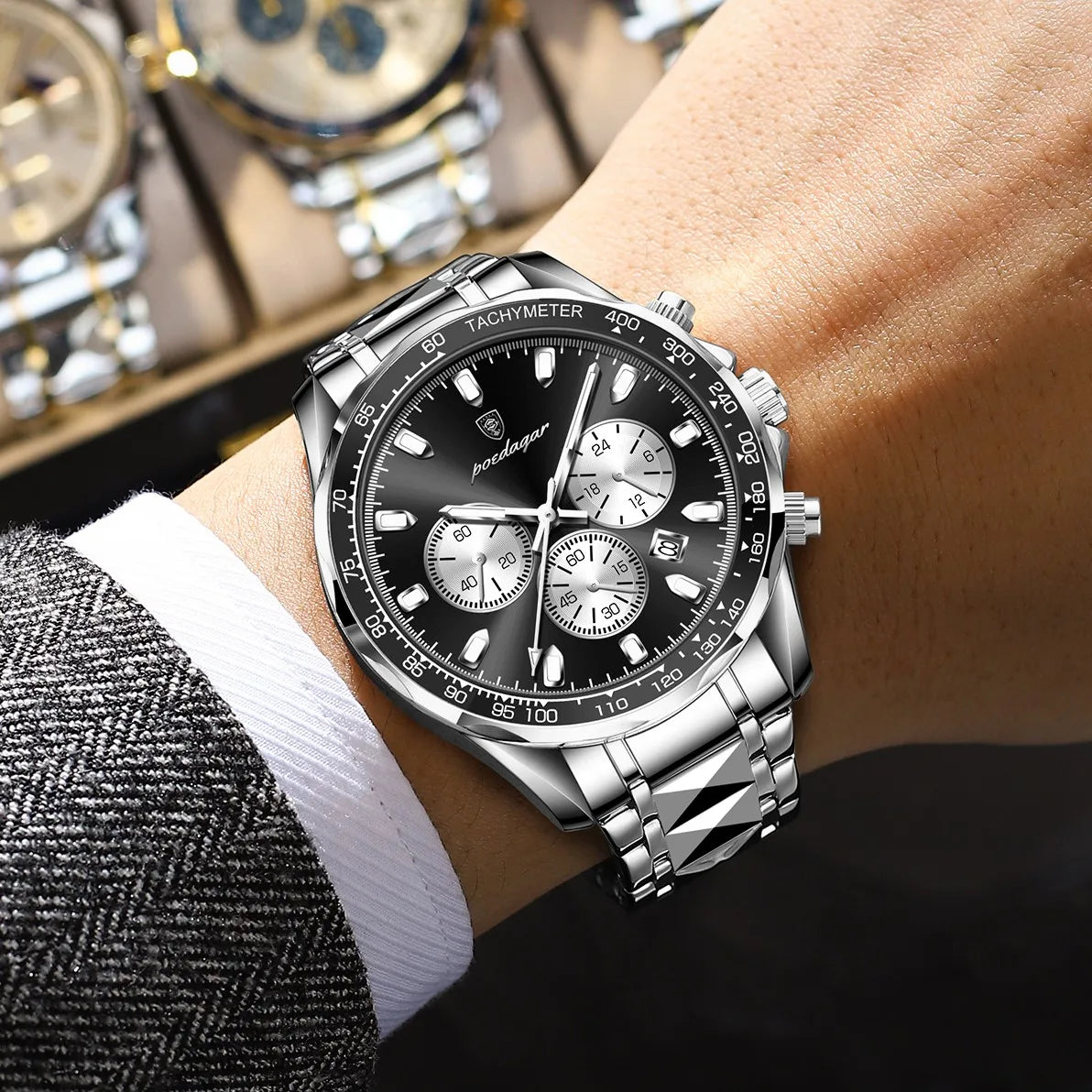 Poedagar 815 Men Watches Luxury Sport Chronograph Tachymeter Herrenuhr Stainless Steel Luminous Waterproof Watch for Men