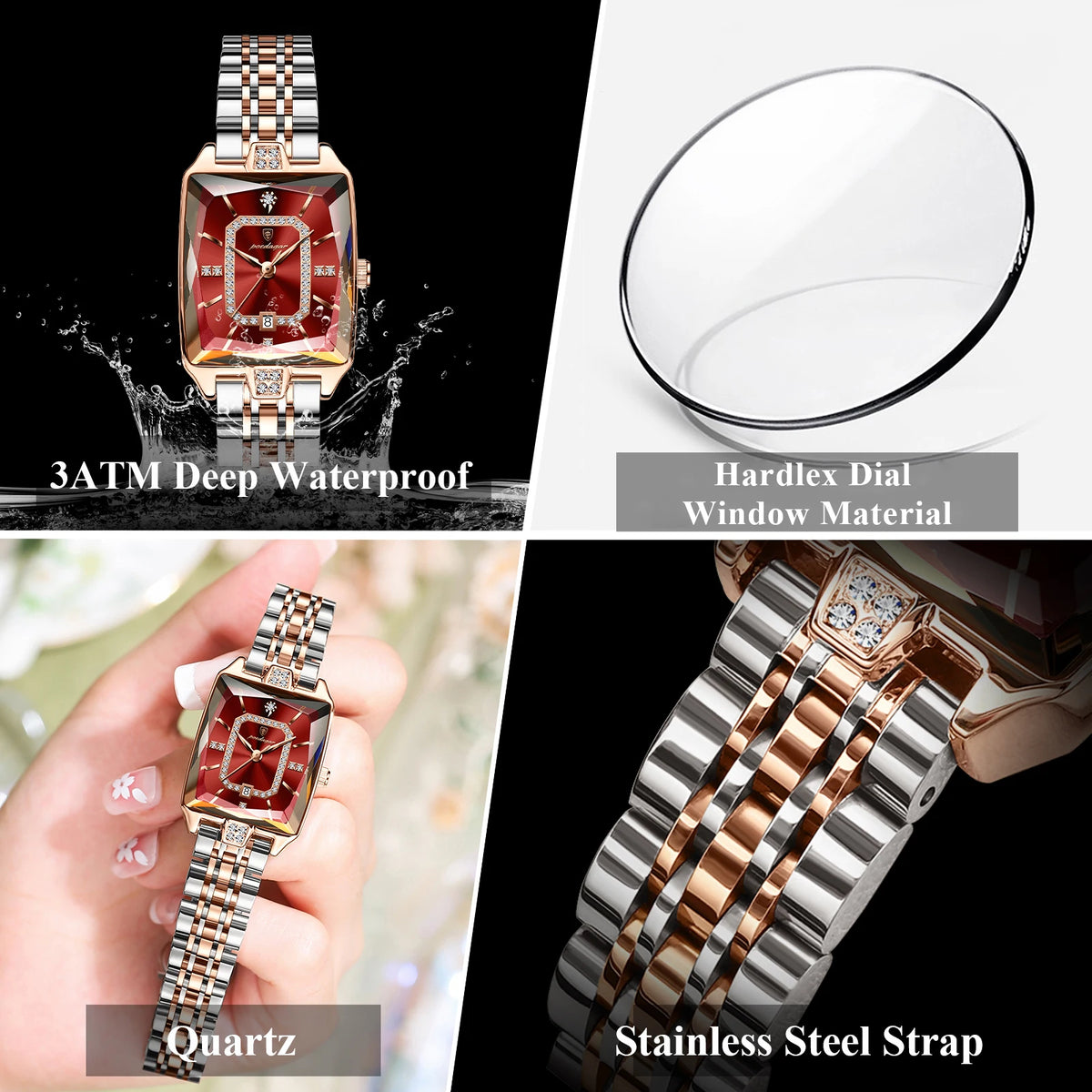 Poedagar Luxury Diamond Rectangle Ladies Watches Waterproof Luminous Stainless Steel Bracelet Quartz Watch for Women