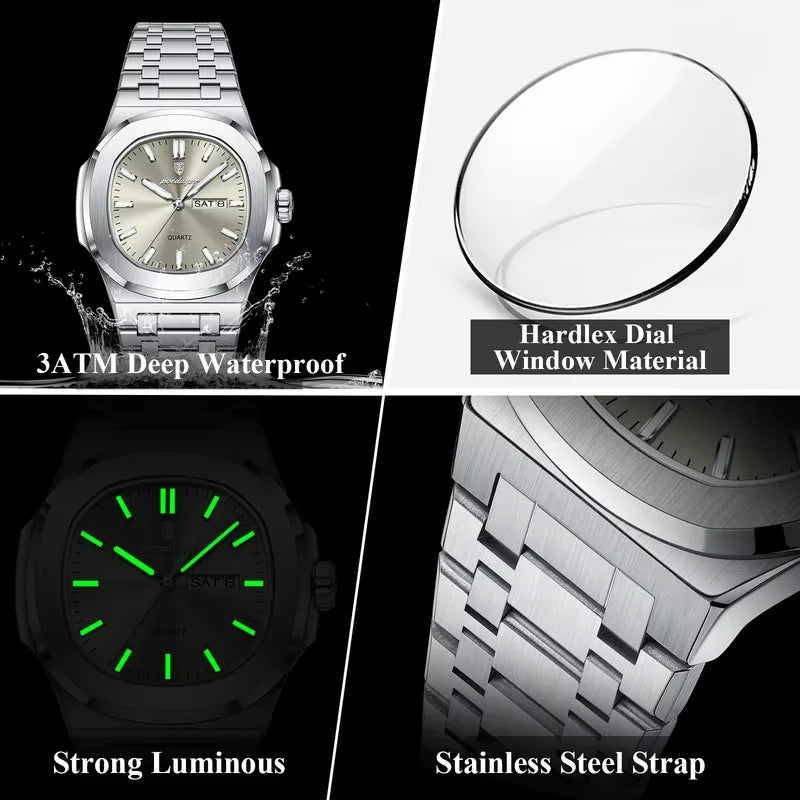 Poedagar New Arrivals Square Quartz Watches Waterproof Luminous Mens Watch Luxury Stainless Steel Watch for Men
