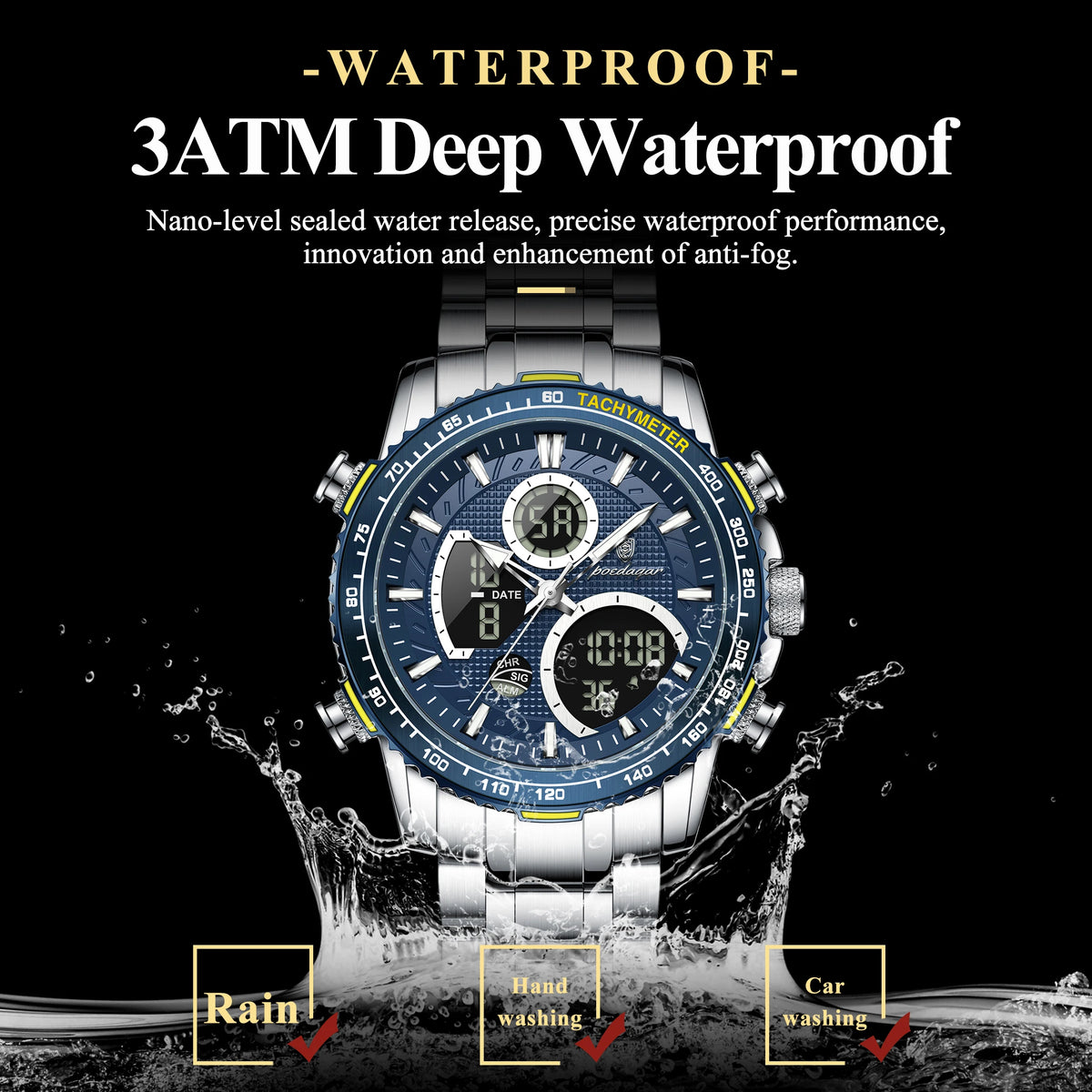 Poedagar E127 Mens Watch Dual Display Analog-Digital Watches Herrenuhr Luminous Waterproof Sport Stainless Steel Watch for Men