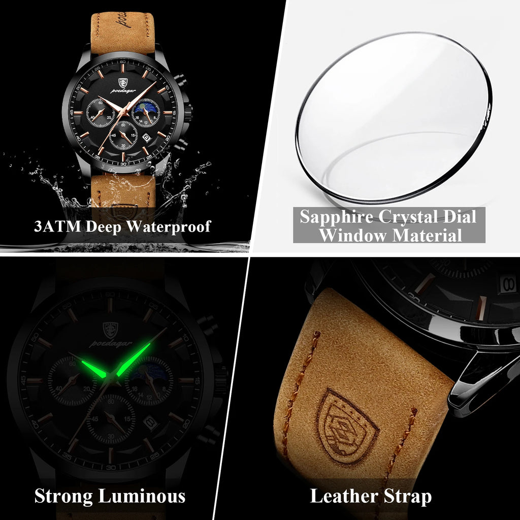 Poedagar 928 Luxury Men Watch Moon Phase Chronograph Relief Dial Leather Strap Luminous Waterproof Business Sport Watch for Men