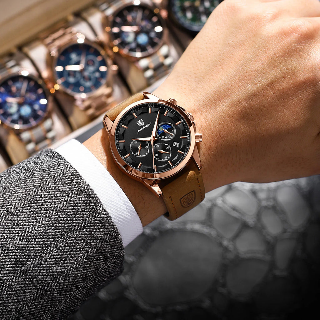 Poedagar 928 Luxury Men Wrist Watch Calendar Chronograph Quartz Montre Sports Leather Strap Waterproof Luminous Watches for Men