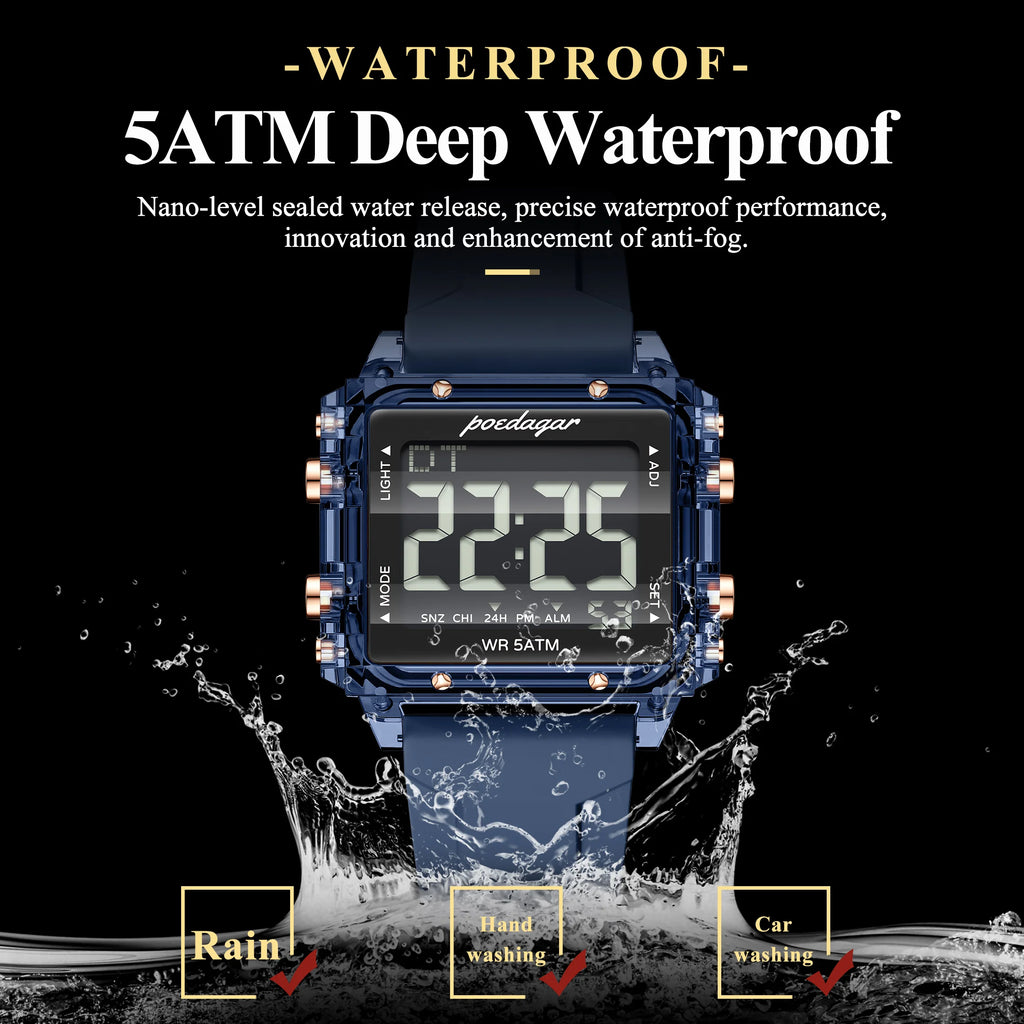 Poedagar E123 Men Digital Sports Watch LED Display 50M Waterproof Multifunction Electronic Wrist Watch
