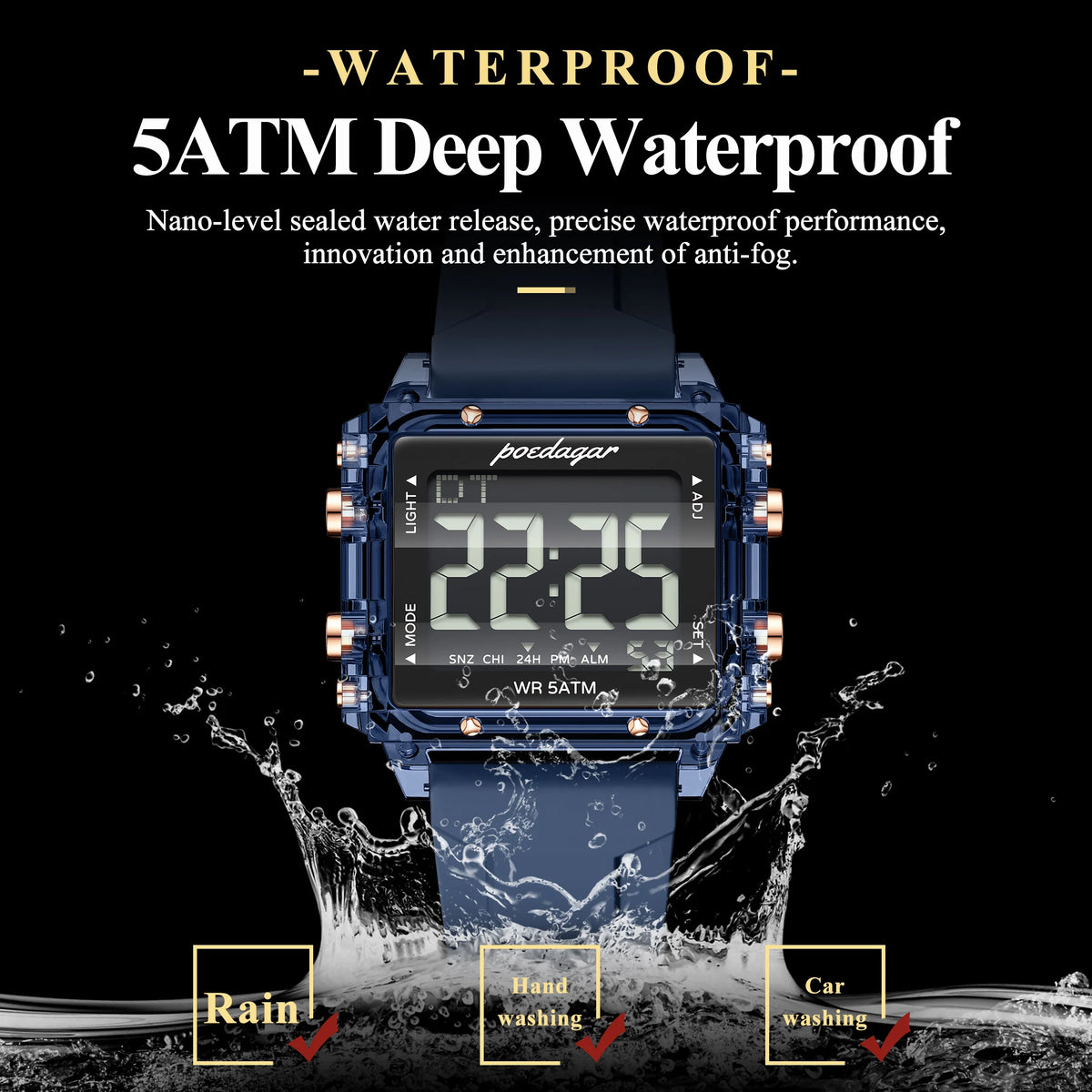 Poedagar E123 Men Digital Sports Watch LED Display 50M Waterproof Multifunction Electronic Wrist Watch