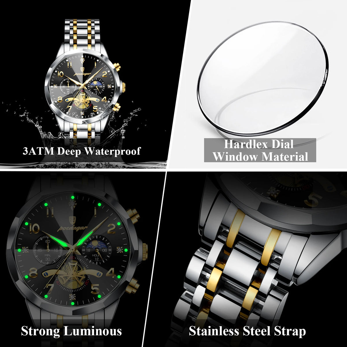 Poedagar 939 Luxury Men's Quartz Watch Stainless Steel Chronograph Watch for Men Luminous Waterproof Business Reloj Hombre