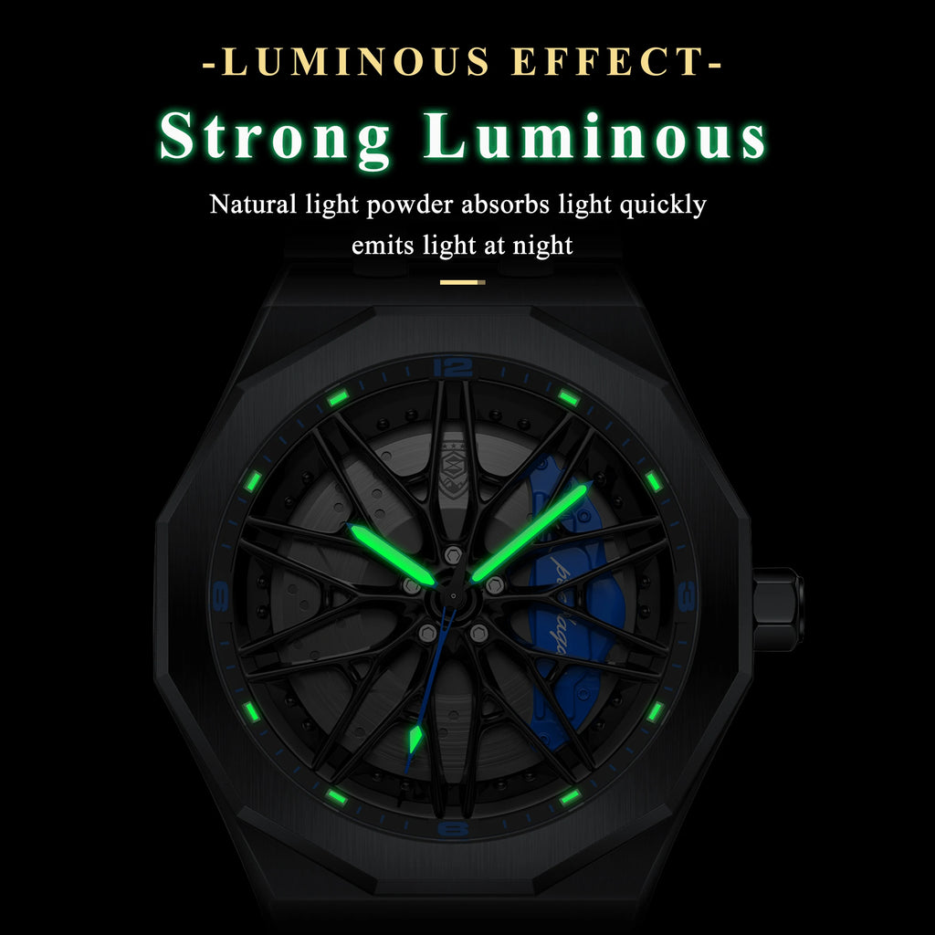 Poedagar 809 Mens Quartz Watches 3D Rotating Wheel Hub Wristwatch Stainless Steel Band Sports Waterproof Watch Relogio Masculino