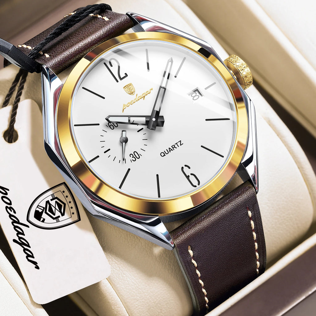 Poedagar 689 Luxury Casual Mens Quartz Watch Geometric Dial Waterproof Leather Strap Fashion Wristwatch Wholesale Factory Direct