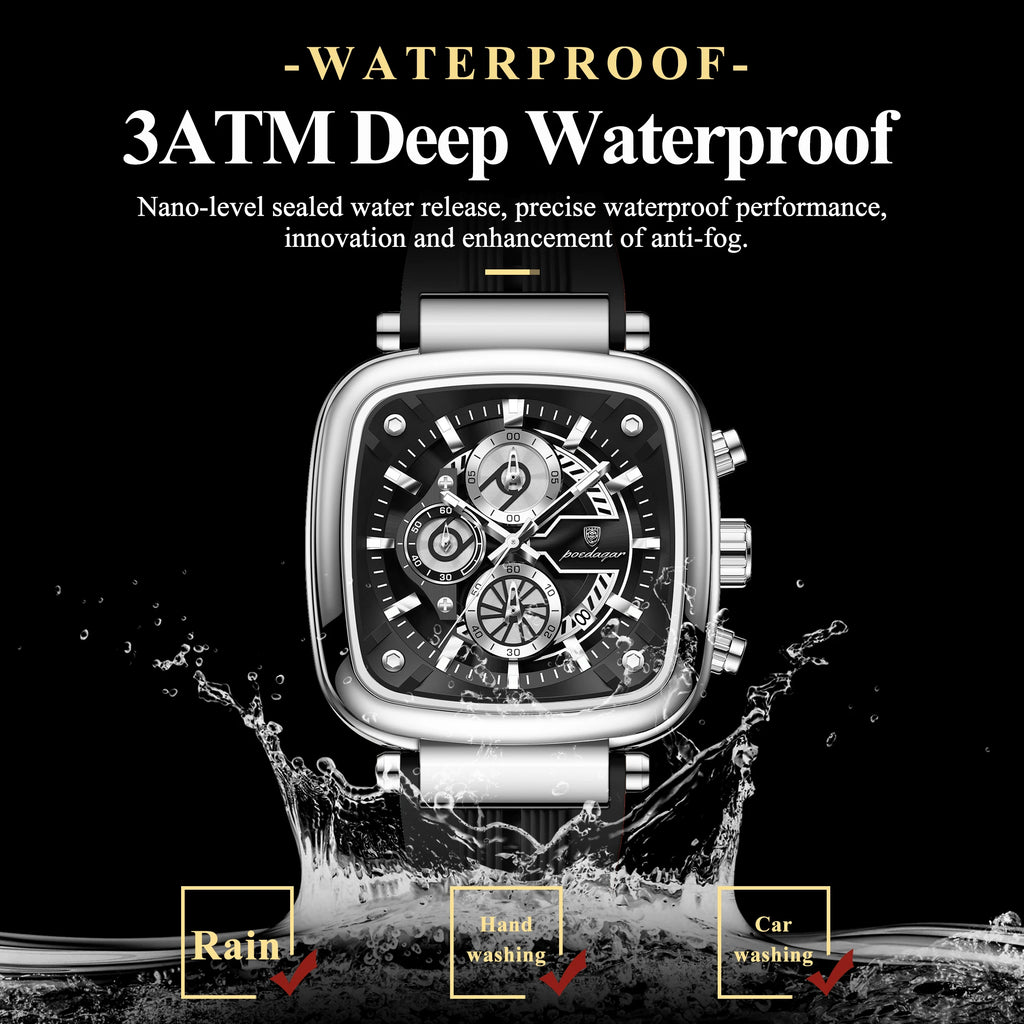Poedagar 849 Mens Chronograph Watch 3ATM Waterproof Luminous Square Quartz Luxury Wristwatch Guangzhou Factory Direct Wholesale