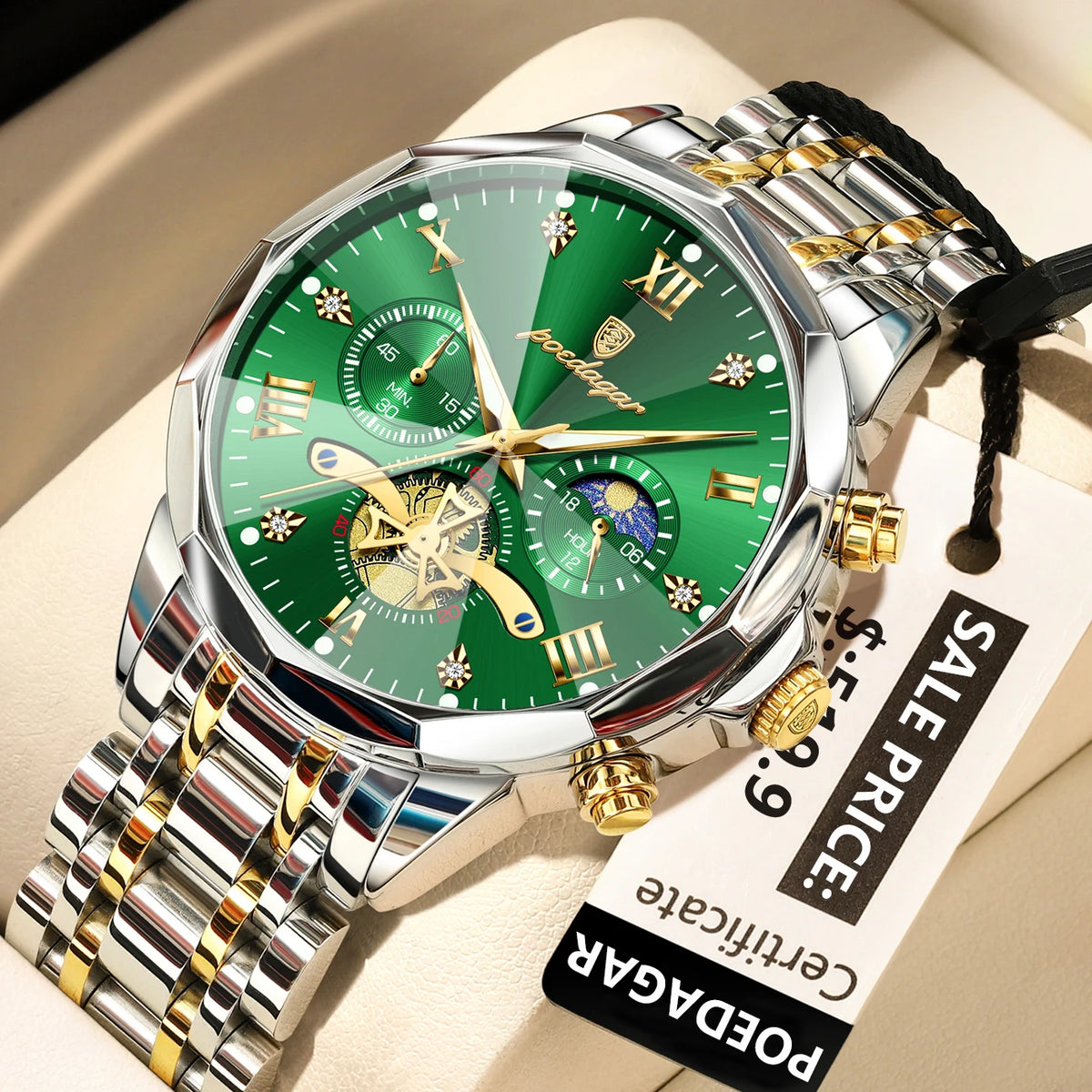 Poedagar 938 Men's Luxury Stainless Steel Chronograph Quartz Watch Waterproof Luminous with 42mm Alloy Dial Watch for Men