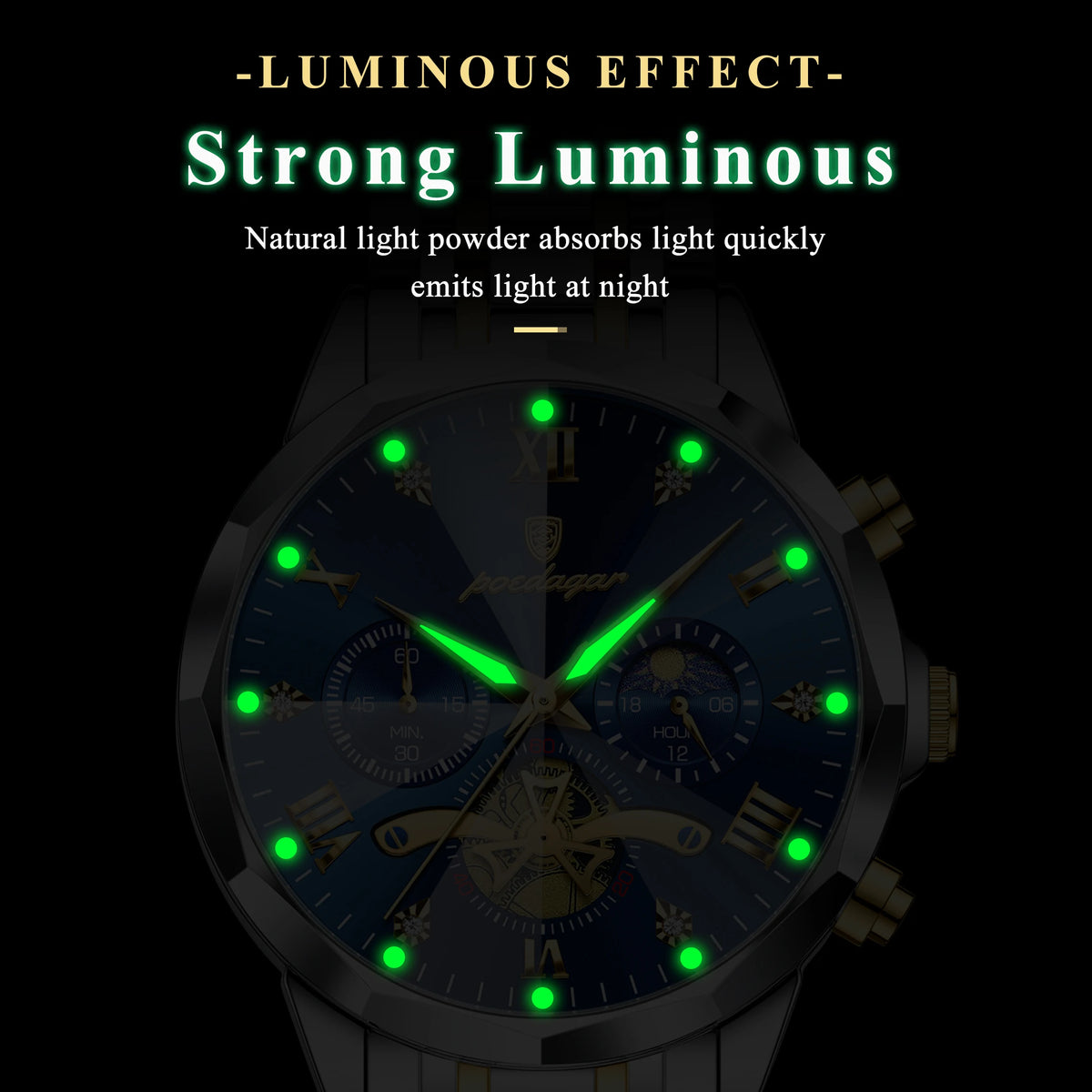 Poedagar 938 Men's Luxury Stainless Steel Chronograph Quartz Watch Waterproof Luminous with 42mm Alloy Dial Watch for Men