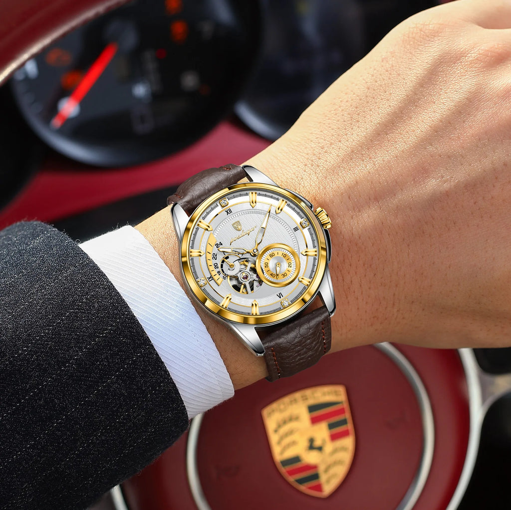 Poedagar 1427 Men's Mechanical Watch Luxury Leather Strap Luminous Reloj Hombre 3ATM Waterproof Automatic Wristwatch for Men