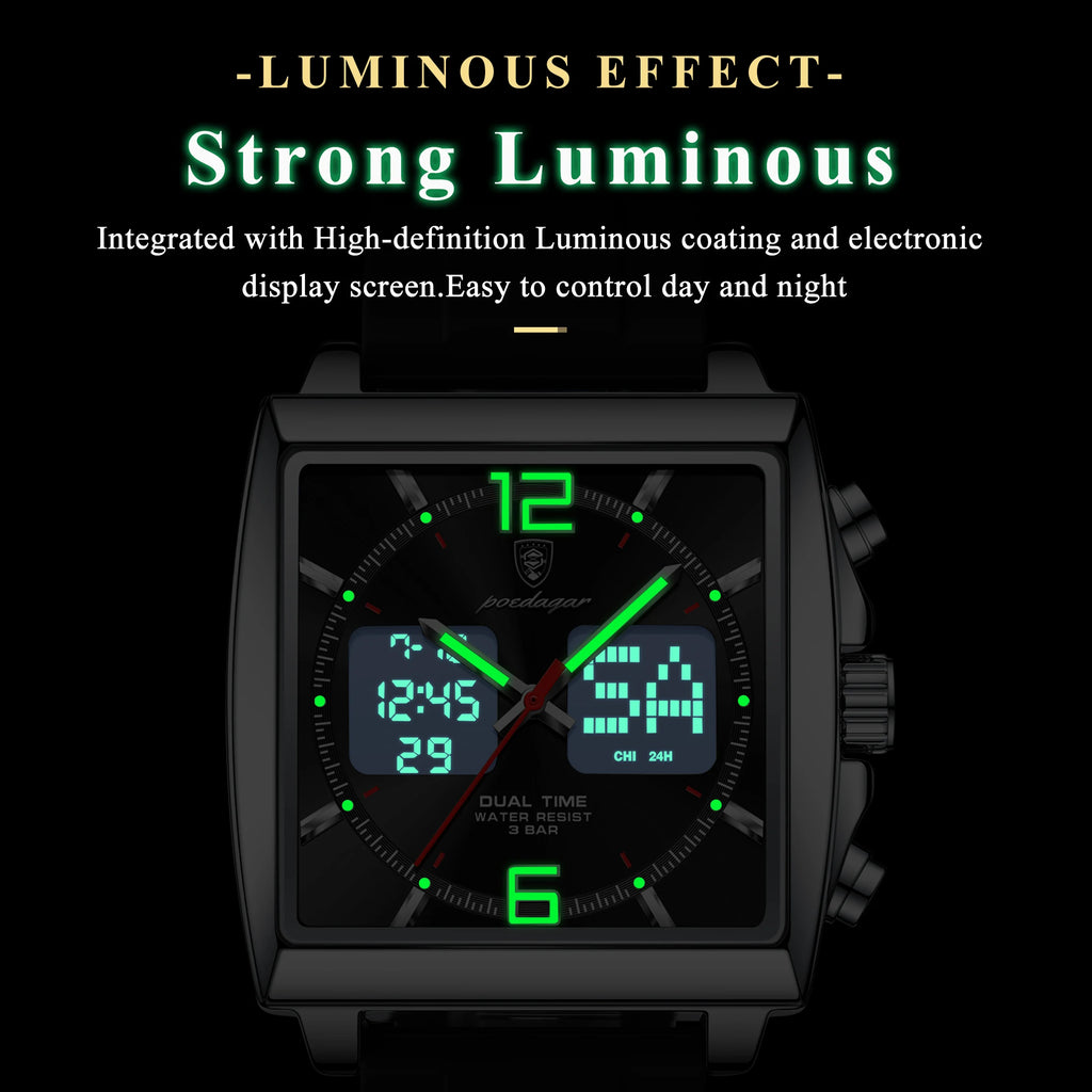 Poedagar E109 Men's Watch Dual Display Multifunctional Chronograph Quartz Silicone Strap Alarm Luminous Waterproof Watch for Men