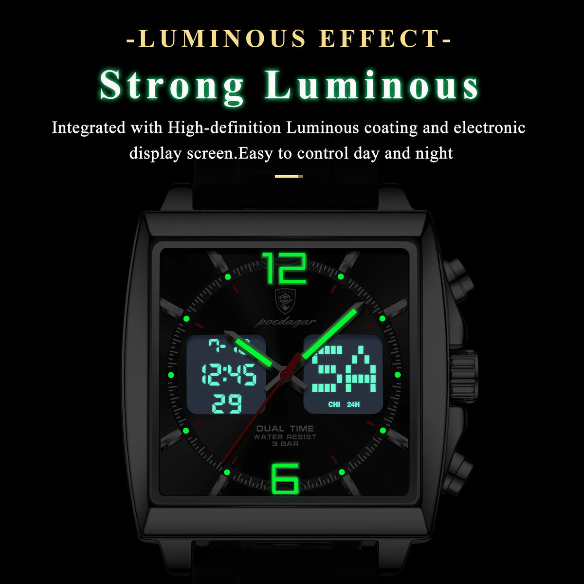 Poedagar E109 Men's Watch Dual Display Multifunctional Chronograph Quartz Silicone Strap Alarm Luminous Waterproof Watch for Men