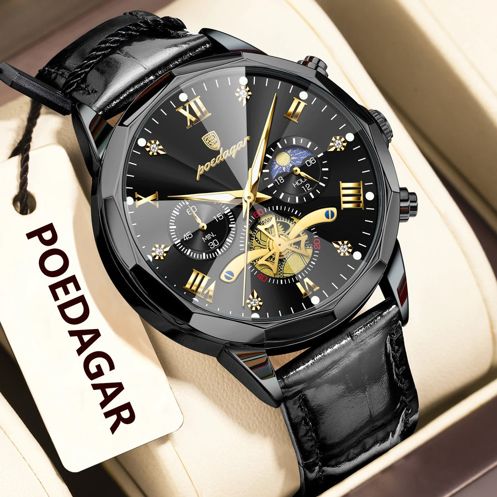 Poedagar 938 Luxury Mens Quartz Watch Luminous Waterproof Men's Watches Leather Strap Orologio Chronograph Watch for Men Gift