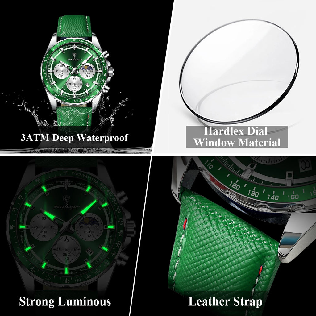 Poedagar 879 Men's Watch Luxury Genuine Leather Strap Chronograph Quartz Watches Montre Luminous Waterproof Sport Watch for Men