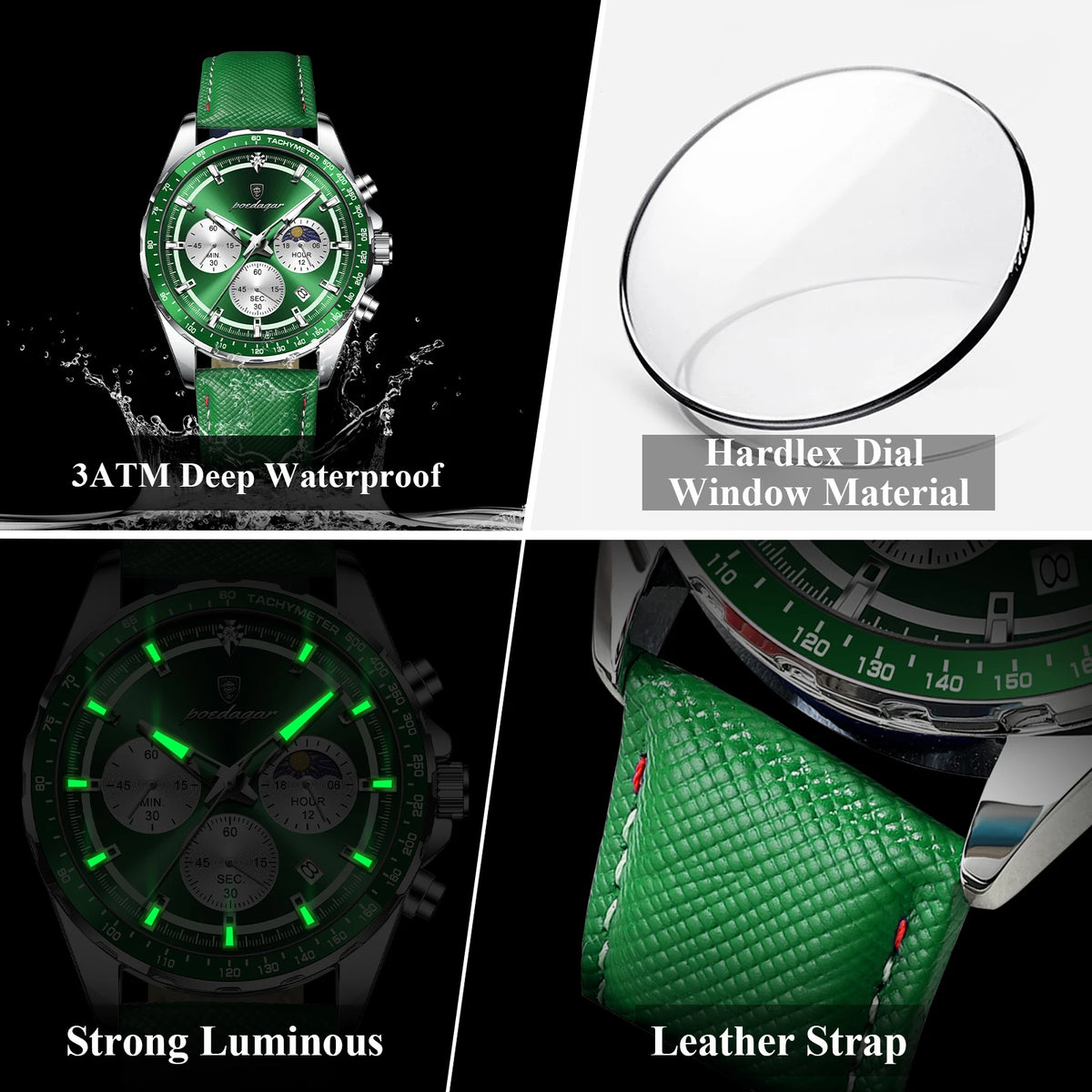Poedagar 879 Men's Watch Luxury Genuine Leather Strap Chronograph Quartz Watches Montre Luminous Waterproof Sport Watch for Men