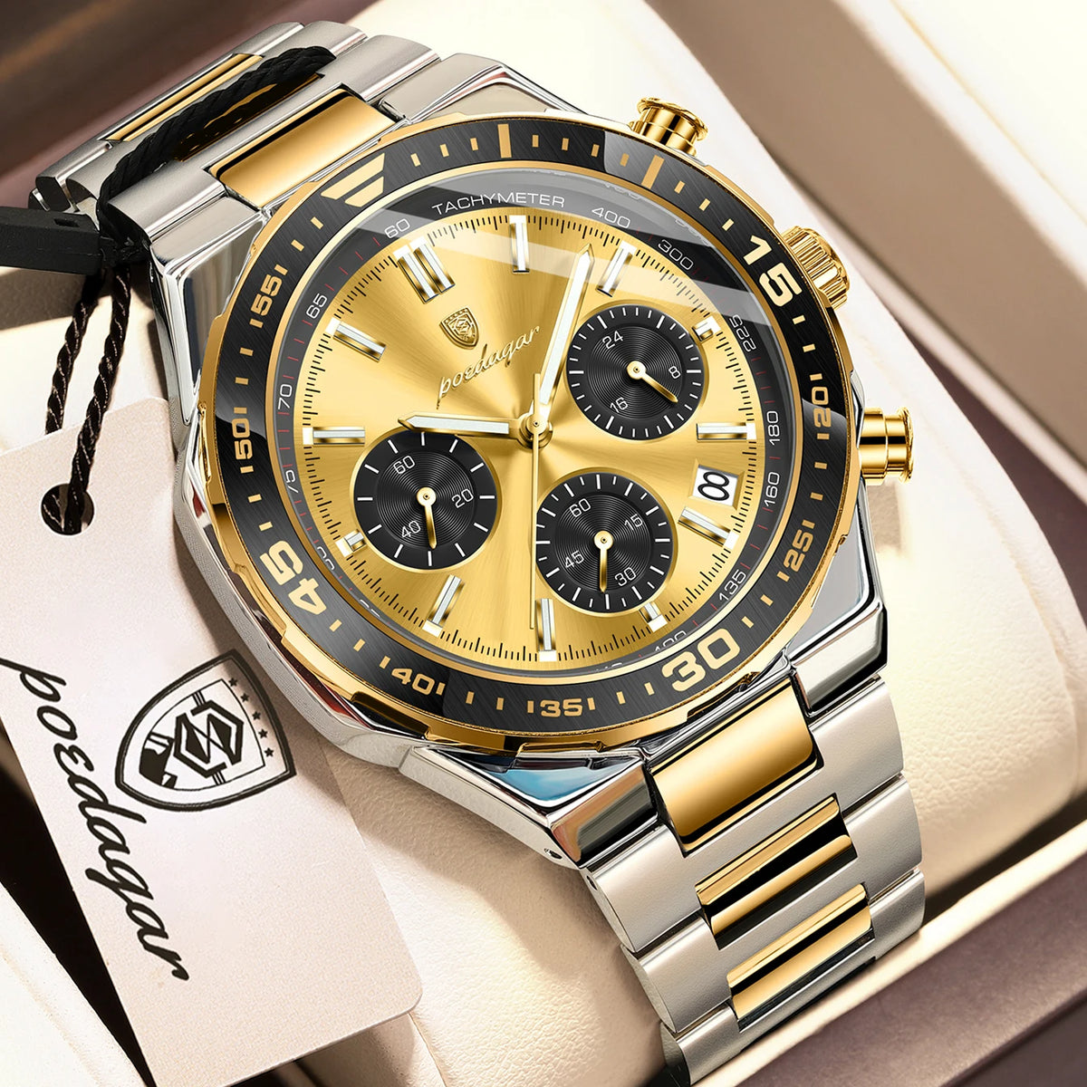Poedagar 697 Two-Tone Gold Men's Watch Luxury Business Sport Chronograph Tachymeter Luminous Date Waterproof Montre Homme