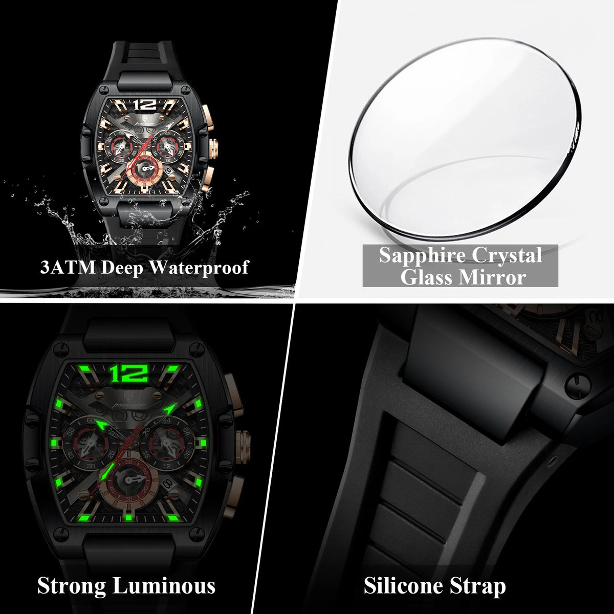 Poedagar 9051 Men's Chronograph Quartz Watches Luxury 43mm Tonneau Case Relogio Silicone Strap Sport Waterproof Watch for Men