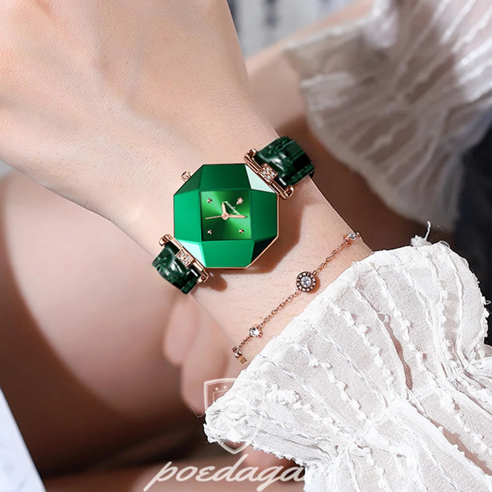 Poedagar Women Fashion Green Leather Watches Elegant Diamond Luxury Quartz Ladies Wristwatch Waterproof Watch for Womens Opp Bag