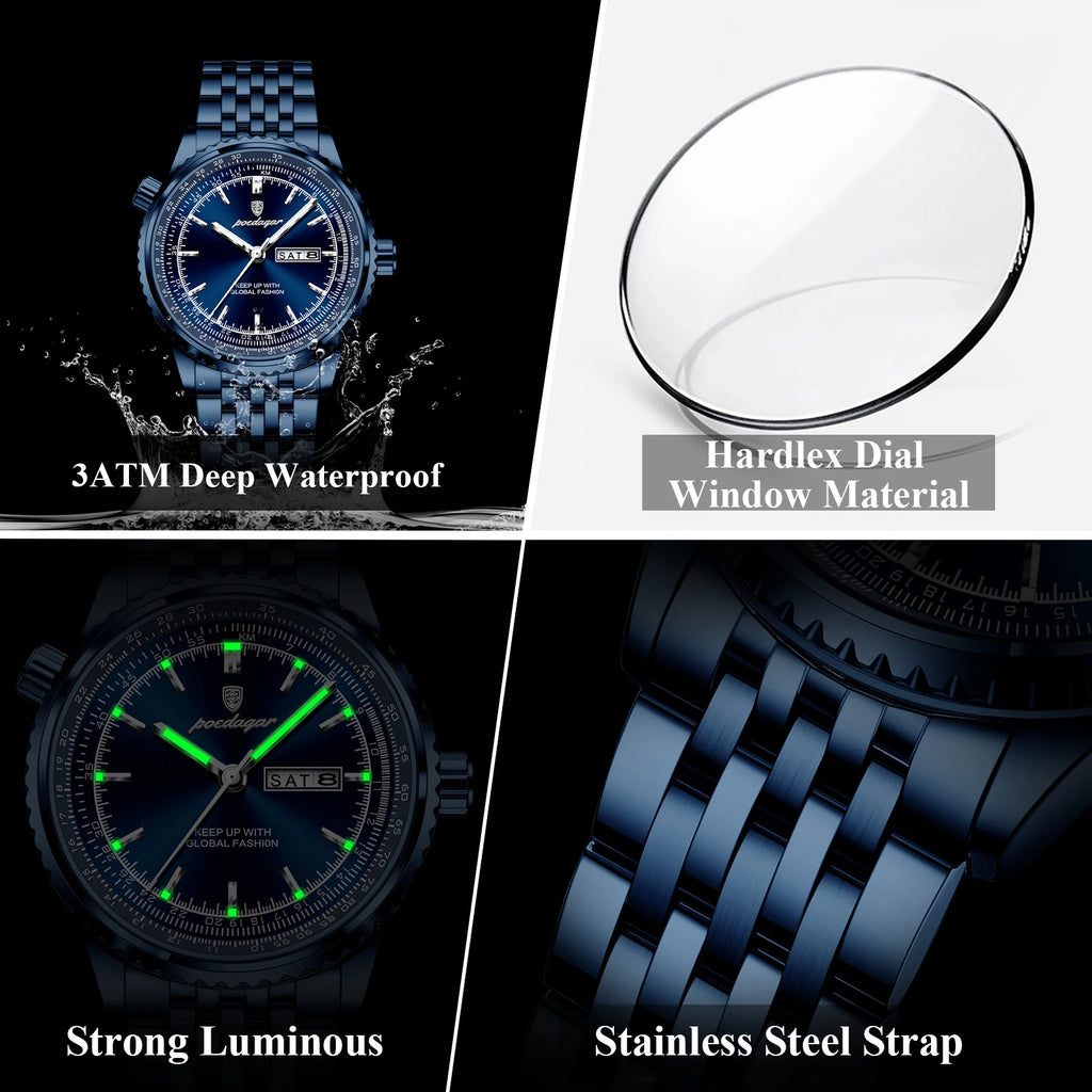 Watch for Men Luxury Poedagar 673 Business Stainless Steel Bracelet Quartz Watches Date Week Luminous Waterproof Watch for Men