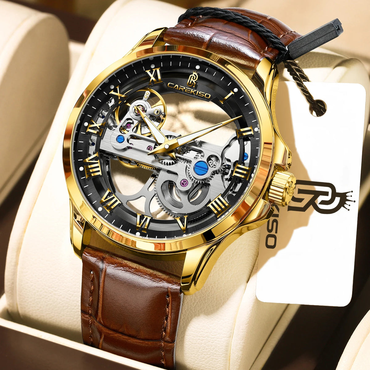 CAREKISO C124 Men Automatic Mechanical Wristwatch Waterproof Luminous Business Watch with Genuine Leather Strap