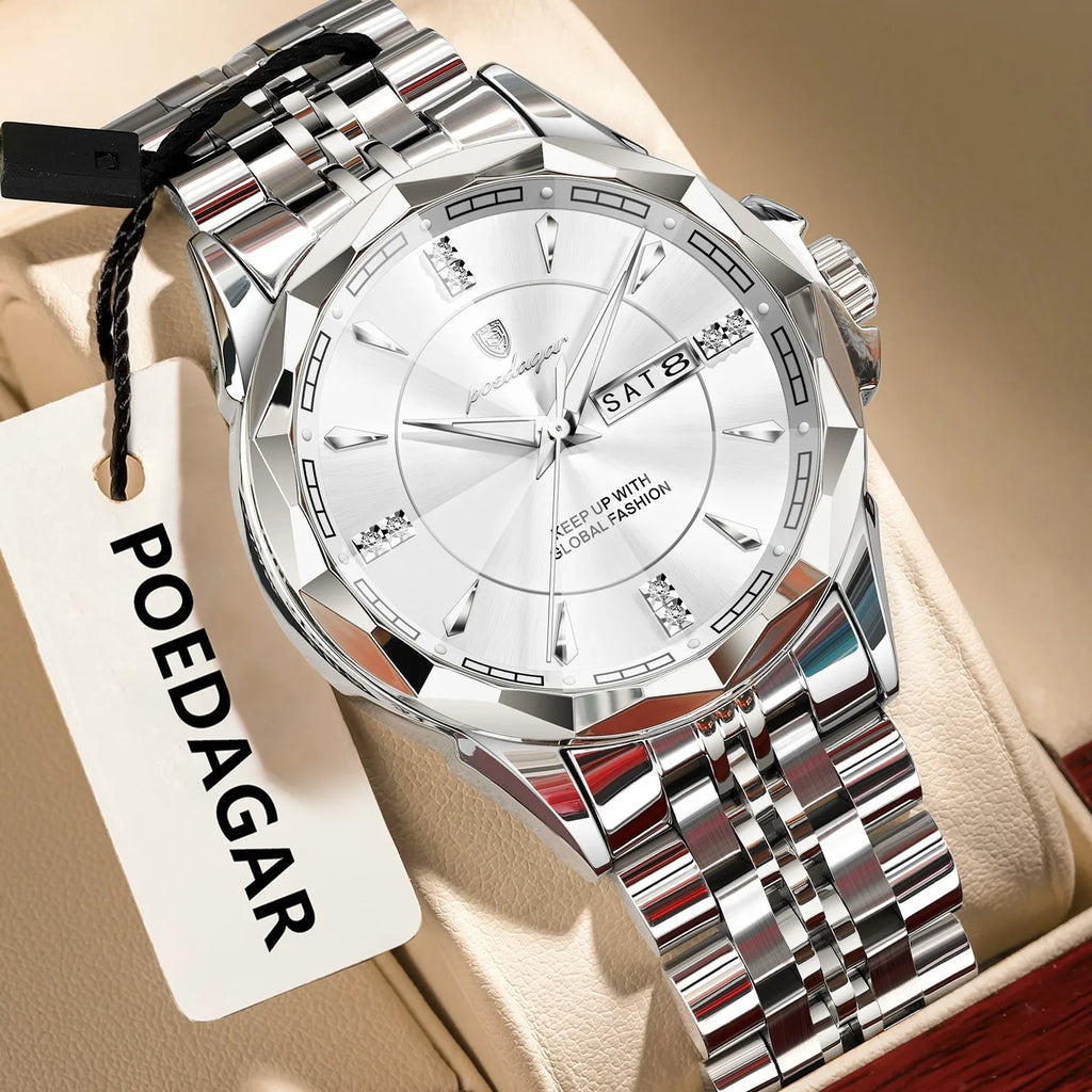 Poedagar 674 Luxury Men's Watches Stainless Steel Quartz Wristwatch Reloj Hombre Waterproof Luminous Calendar Watch for Men