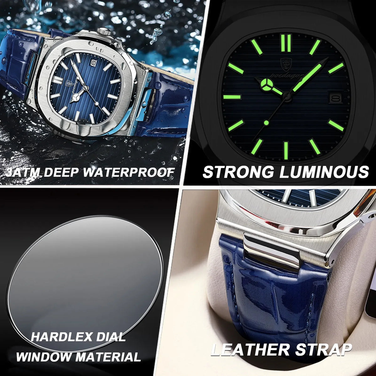 Poedagar Top Luxury Square Men Watch High Quality Leather Quartz Watches 30m Waterproof Luminous Date Watches for Men