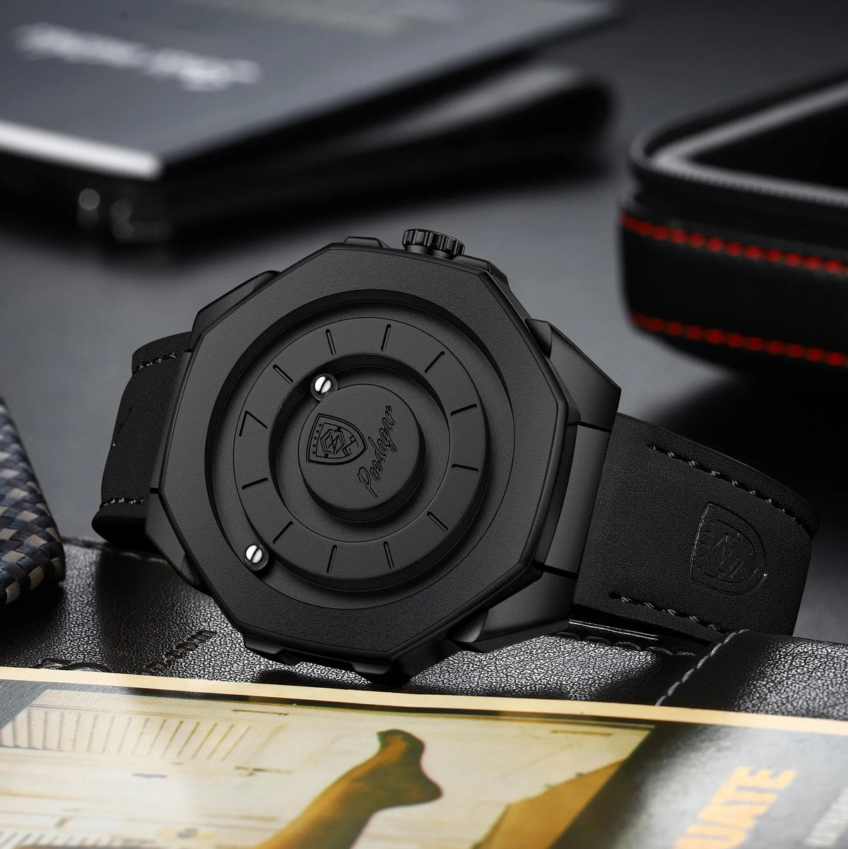 Poedagar 670 Men's Watches Leather Strap Trendy Unique Quartz Watch Magnetic Rotating Montre Waterproof Wristwatch for Men