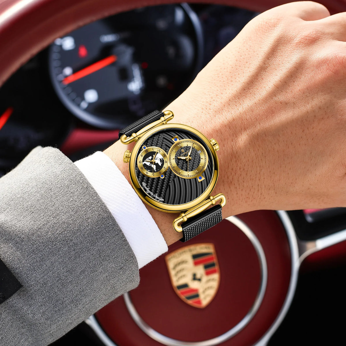Poedagar 848 Mens Two-Tone Watch Dual Time Zone Retro Dial Mesh Stainless Steel Luminous Waterproof Formal Business Montre Homme