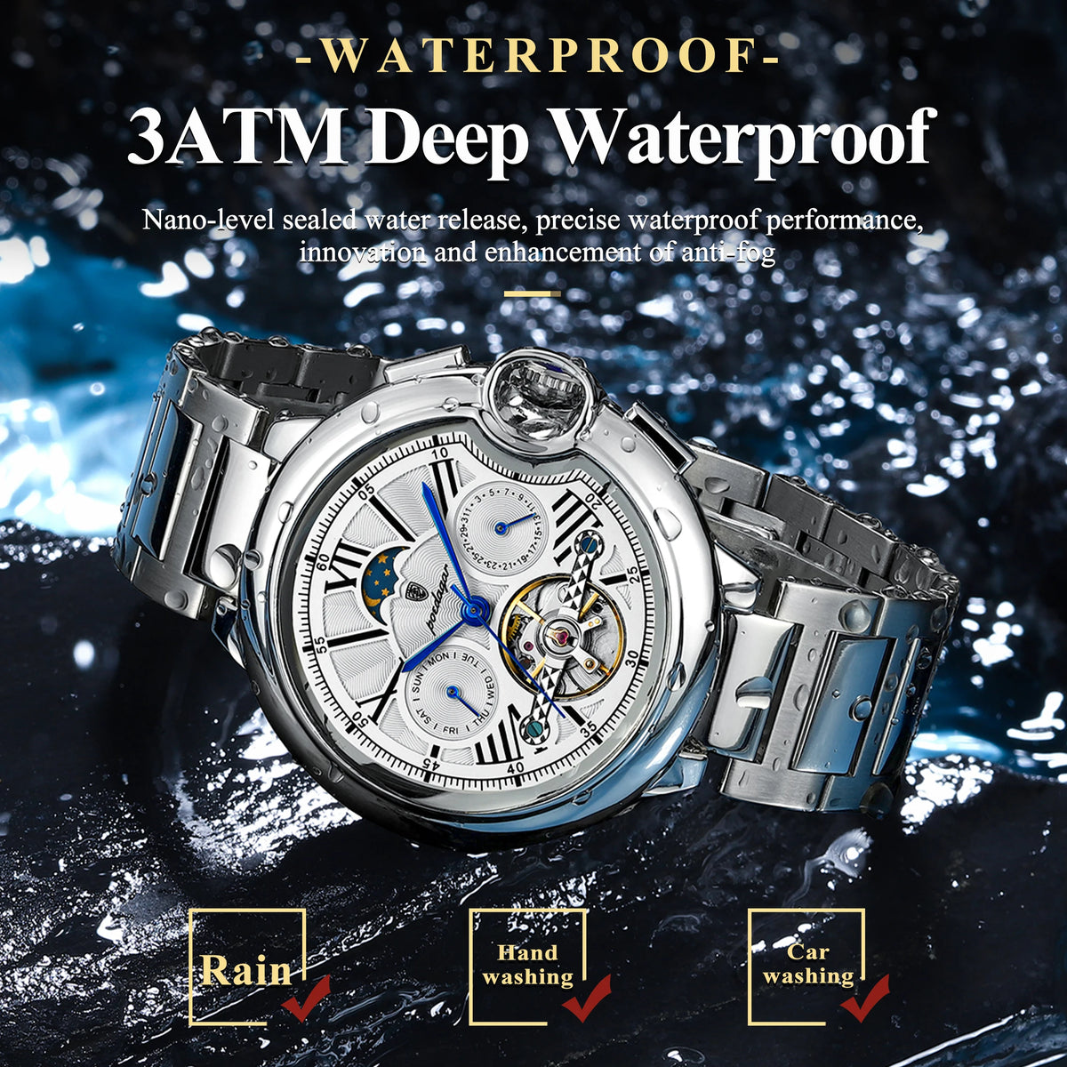 Poedagar Luxury Hollow Tourbillon Automatic Mechanical Watch Waterproof Luminous Stainless Steel Watch for Men