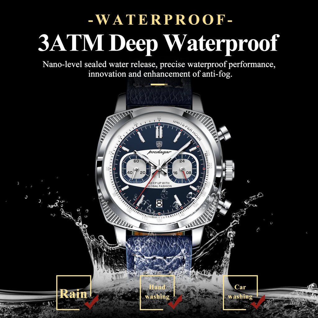 Poedagar 838 Mens Watch Chronograph Date Display Leather Strap Daily Wear Quartz Watches Waterproof Luminous Reloj Montre Homme