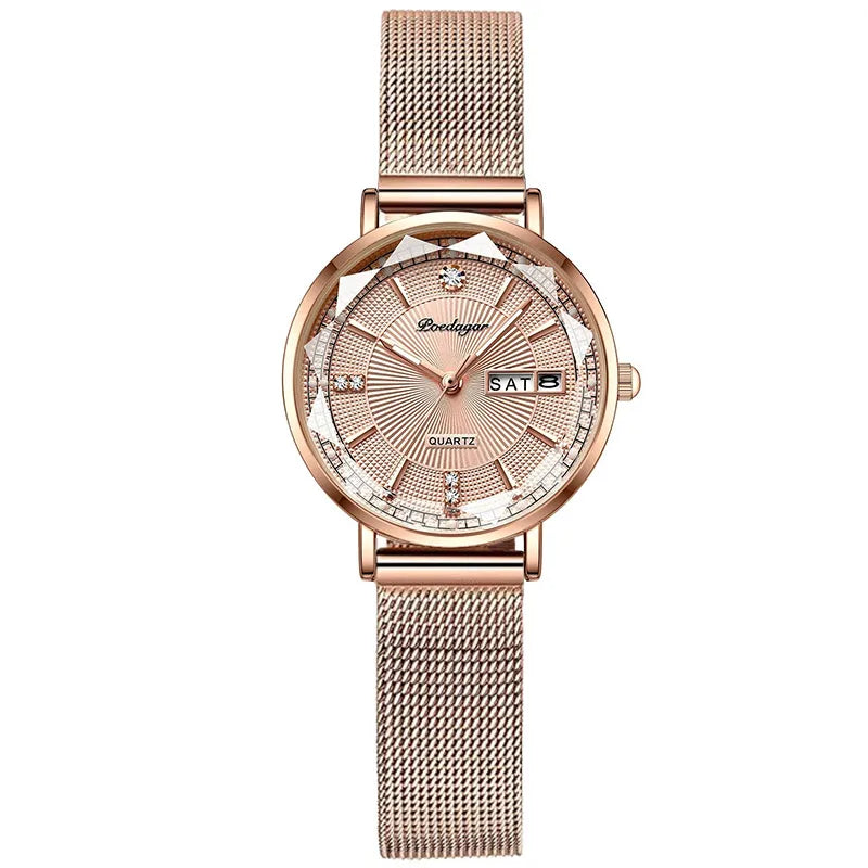 Poedagar Diamond Ladies Watches Stainless Steel Mesh Luxury Watch Bands Waterproof Calendar Quartz Watches for Women