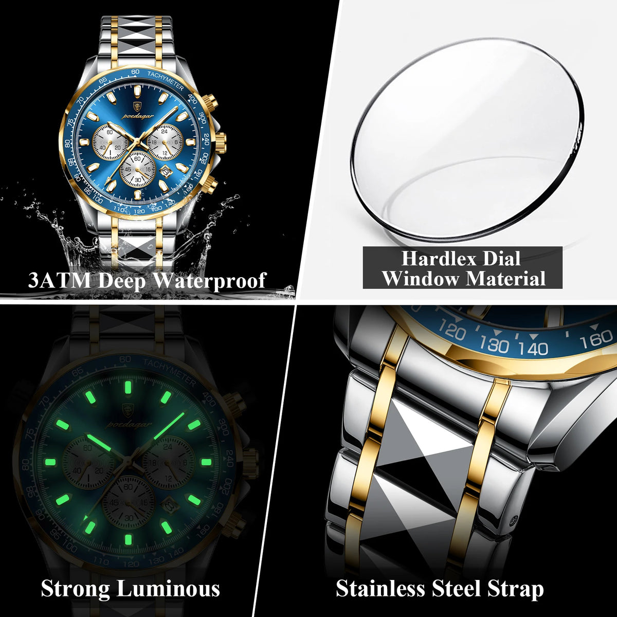 Poedagar 815 Luxury Stainless Steel Men Quartz Watches Waterproof Luminous Chronograph Watch for Men