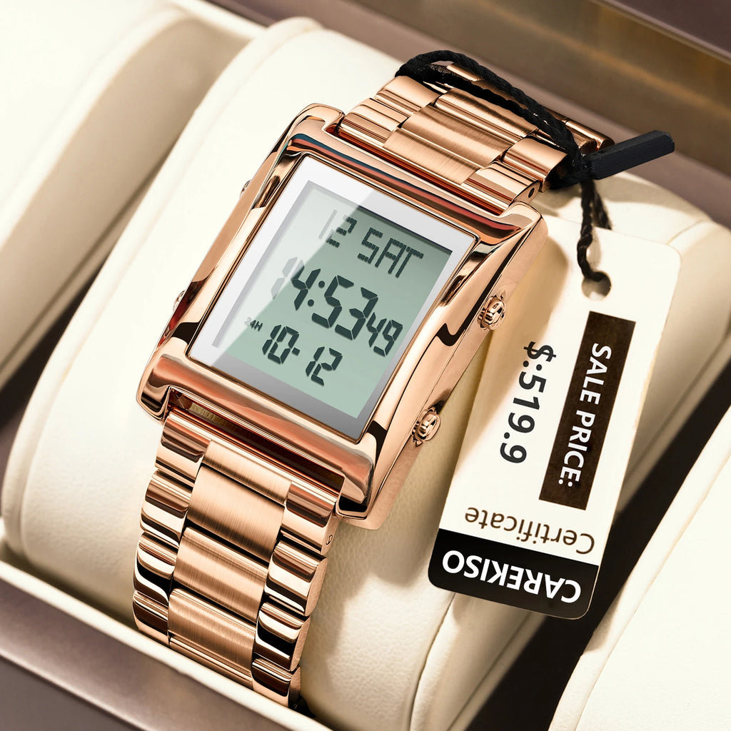 CAREKISO Original Men Watch Waterproof Week Calendar Alarm Man Wristwatch Rectangle Stainless Steel Electronic Men's Watches