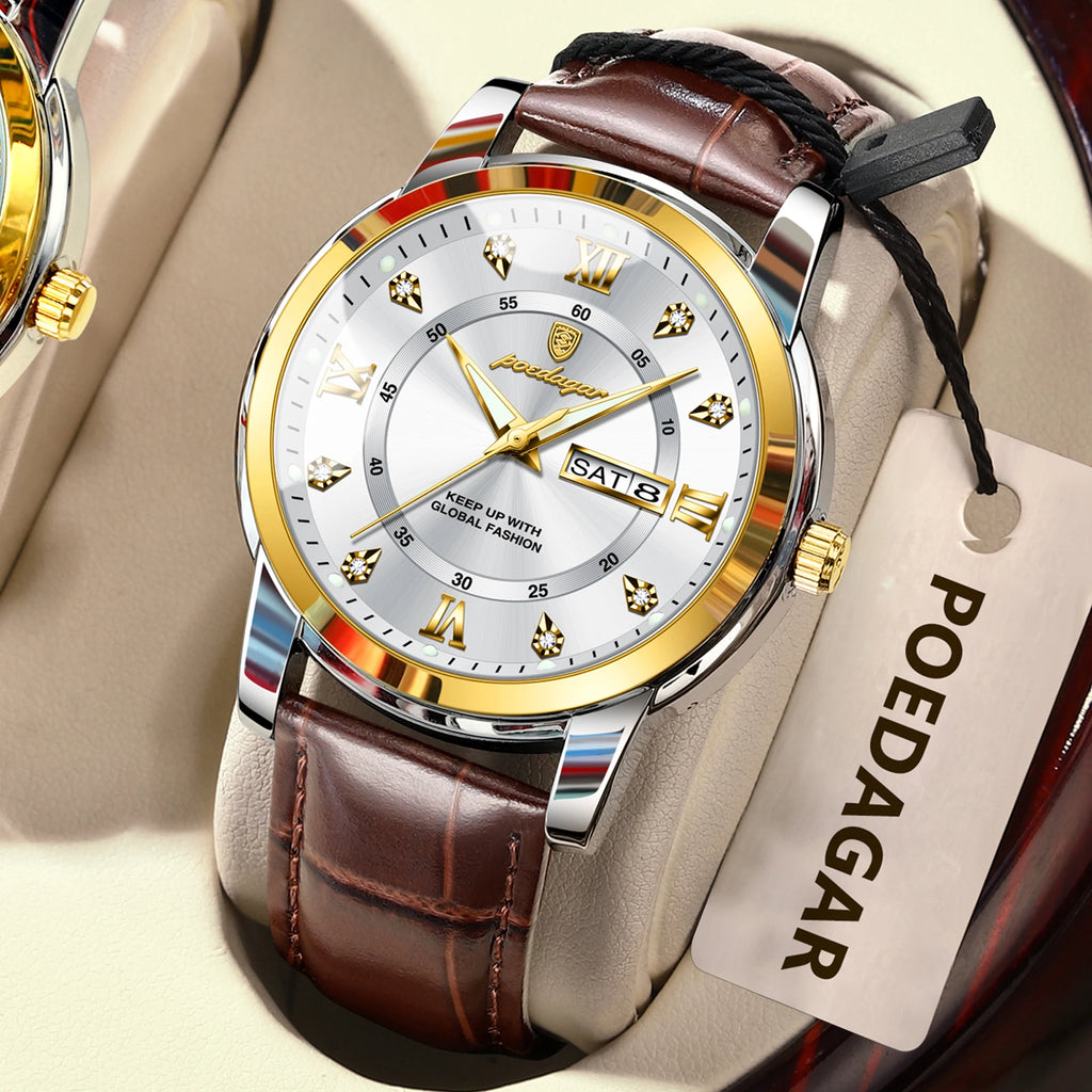 Poedagar 936 Watch for Men Luxury Leather Strap Men's Quartz Watches Waterproof Luminous Classic Vintage Reloj Watches for Men