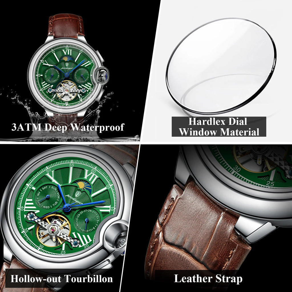 Poedagar 1413 Luxury Men's Automatic Mechanical Watch Hollow Tourbillon Leather Strap Reloj Luminous Waterproof Watch for Men