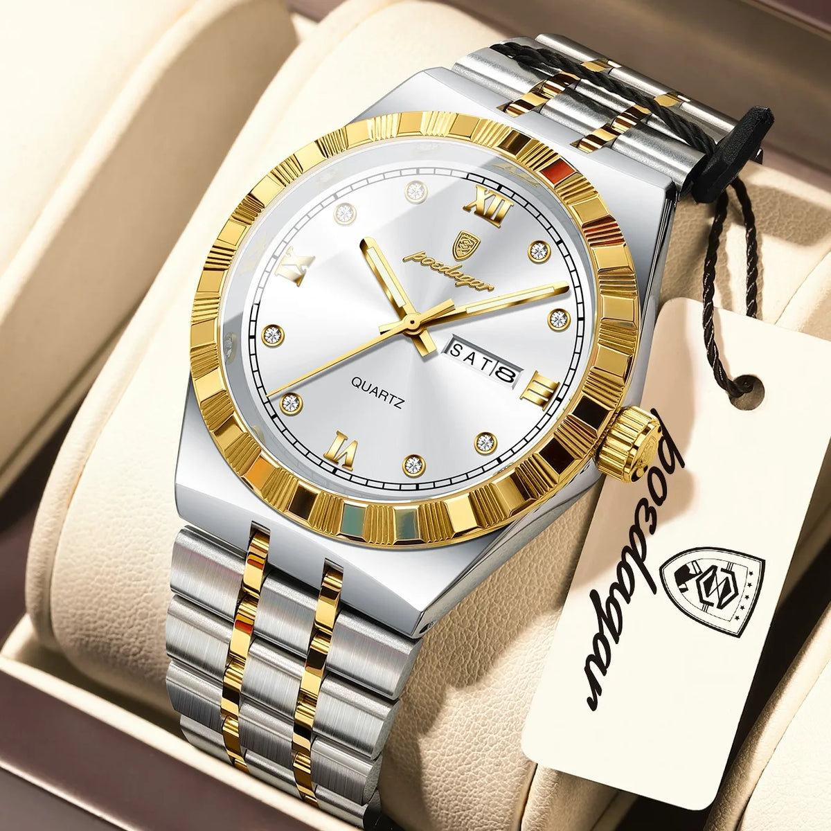Poedagar 872 Luxury Men's Watch Week Date Waterproof Quartz Watch Luminous Stainless Steel Wristwatch for Men