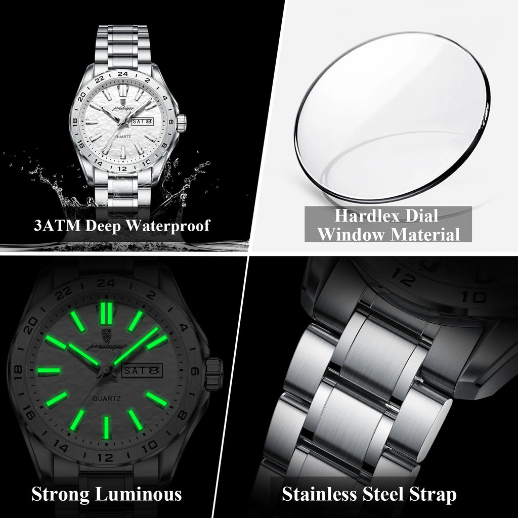 Poedagar 683 Men's Quartz Watch Business Stainless Steel Retro Dial Lightweight Calendar Waterproof Luminous Watch for Men