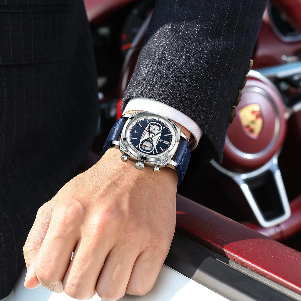 Poedagar 838 Mens Watch Chronograph Date Display Leather Strap Daily Wear Quartz Watches Waterproof Luminous Reloj Montre Homme