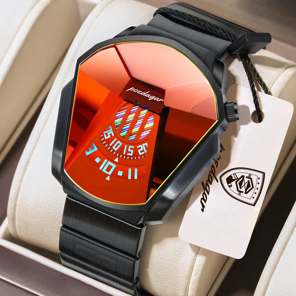 Poedagar 621 Men's Watch Tonneau Case Large Rotating Analog Dial Stainless Steel Band Quartz Wristwatch Reloj Hombre Luxury